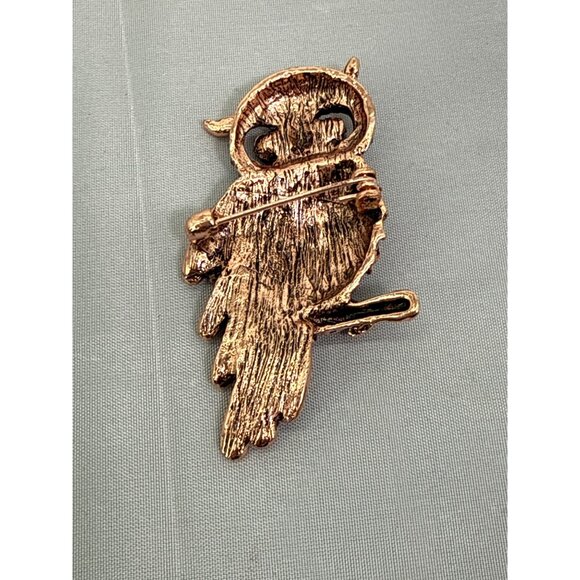 Vintage Style Owl Brooch Pin With Blue & Black Rhinestones On Branch - Picture 2 of 4